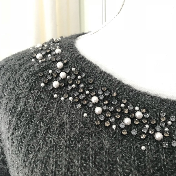 {Ann Taylor} Jeweled Neckline Grey Alpaca Sweater - Picture 2 of 7